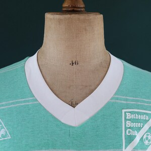 May include: A vintage-style teal soccer jersey with a white V-neck collar and horizontal stripes. The jersey features the "Bethesda Soccer Club" logo on the right chest and a small emblem on the left. The jersey is displayed on a mannequin.