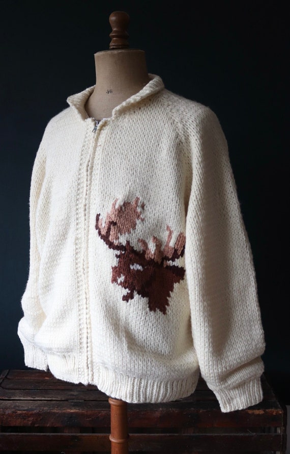 Vintage 1970s 70s 1980s 80s chunky knitted acrylic cowichan sweater cardigan jumper novelty hand made knit stag deer shawl collar 53” chest