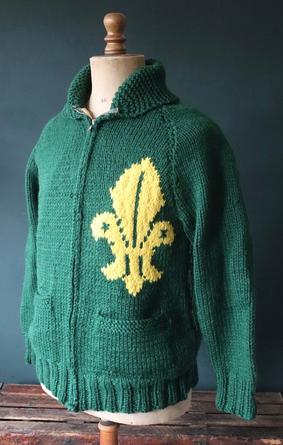 Vintage 1960s 60s hand knitted novelty Scouting log axe thick wool cowichan sweater cardigan jumper knit Flash zipper shawl collar 42” chest