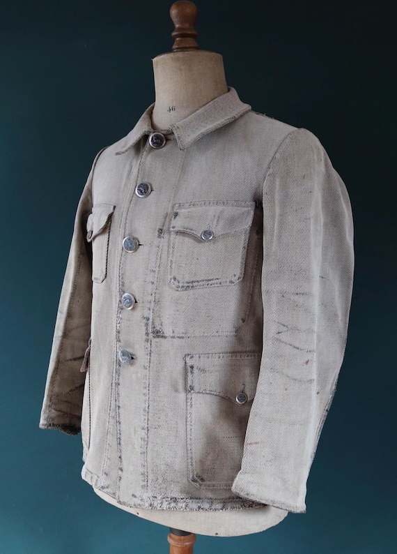 Vintage French Hunting Jacket - 1930s Grey Cotton Workwear