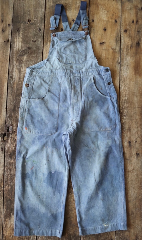 Vintage 1930s 30s 1940s 40s French Le Tres Souple blue cotton twill overalls dungarees work chore workwear 36” x 23” darned repaired faded