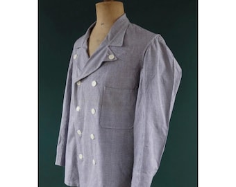 1960s 70s French Chore Coat Work Wear Jacket Blue Bleu De Travail