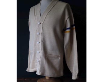 Vintage 1960s wool varsity sweater - American Ivy League - cream knitted cardigan - 44” chest