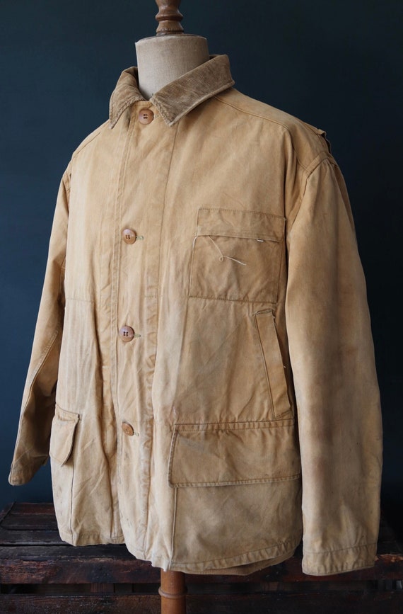 Vintage 1940s 40s 1950s 50s Duxbak duck cotton canvas tin cloth hunting shooting jacket 57” chest workwear work chore