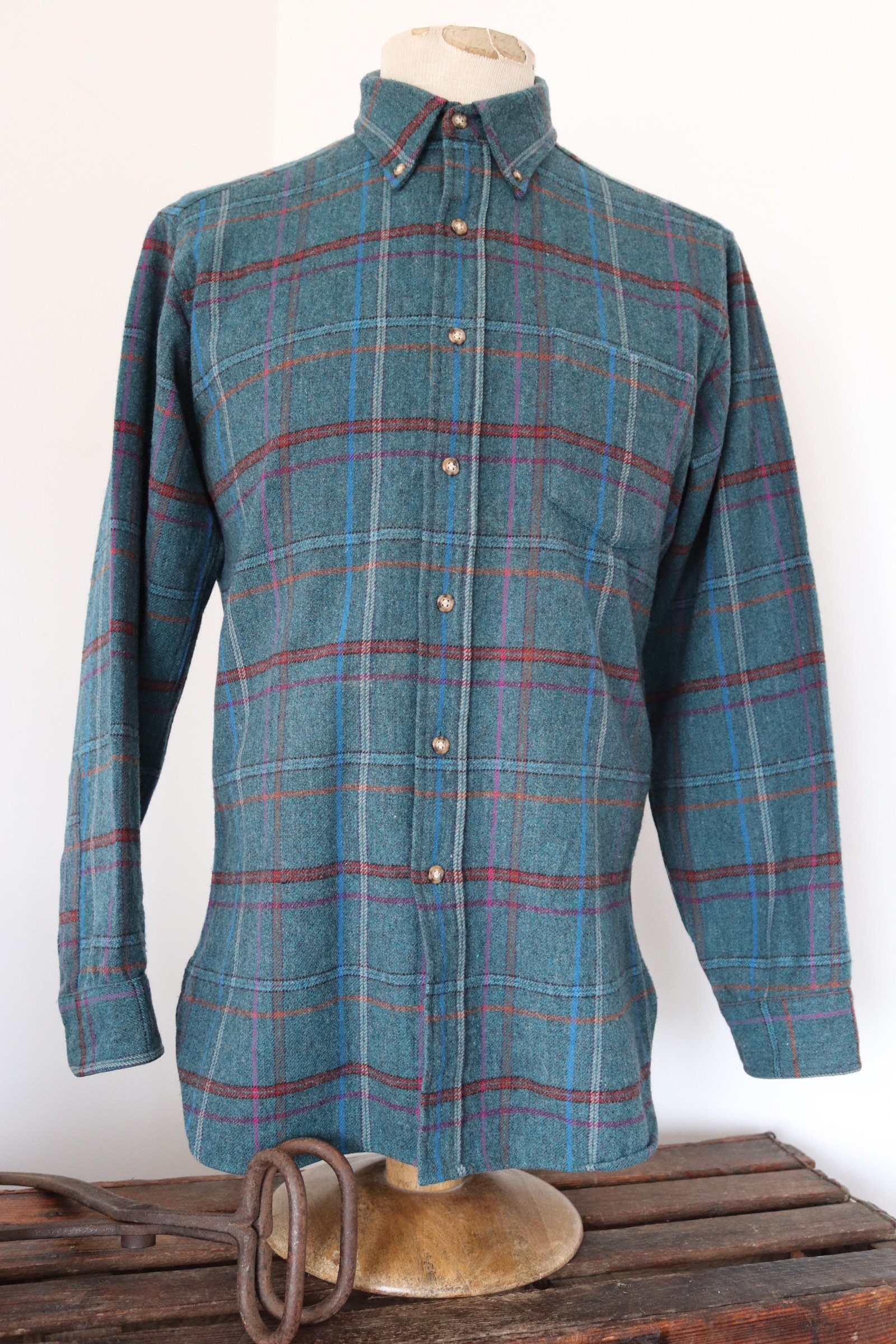 Vintage Pendleton teal green checked plaid wool shirt 42 chest Ivy ...