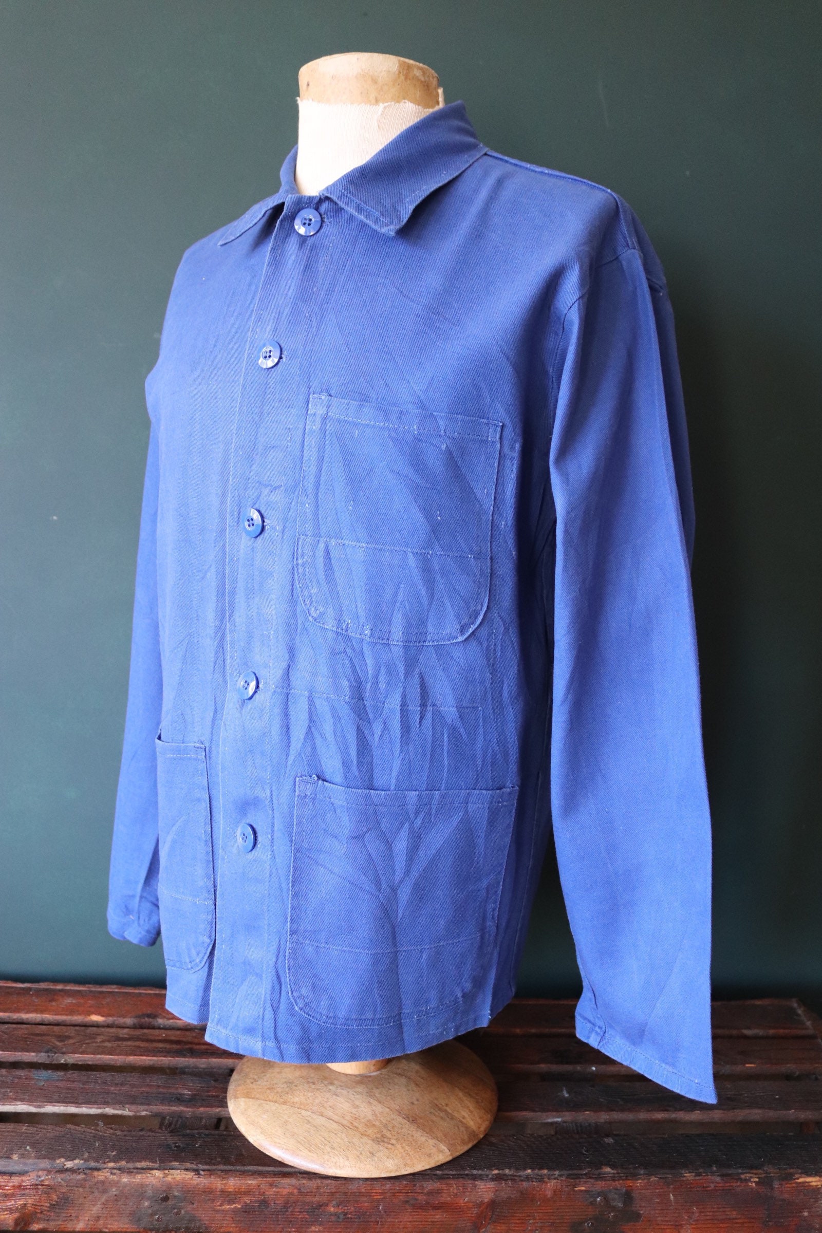 Vintage 1970s 70s French cobalt blue work chore jacket workwear 45 ...