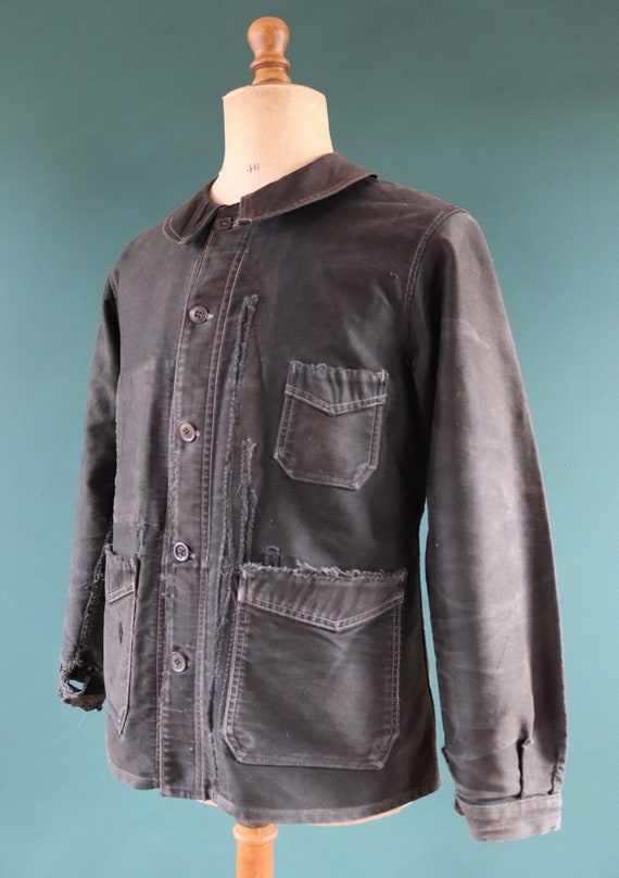 Vintage 1930s 30s 1940s 40s French black moleskin work jacket chore workwear darned repaired 42” chest