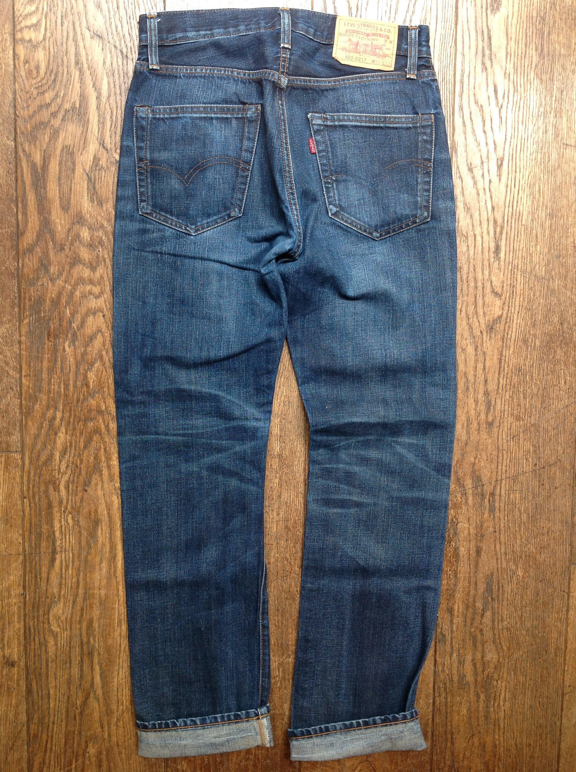 Vintage Levi Strauss Levis LVC selvedge denim jeans 505-0217 distressed  repaired darned workwear work chore 34” x 32” Talon zipper