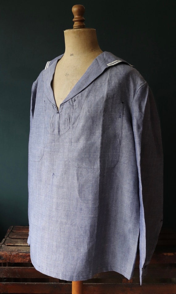 Vintage 1960s 60s French Marine Nationale Navy naval crackerjack bib top shirt jumper linen indigo 51” chest military workwear work sailor