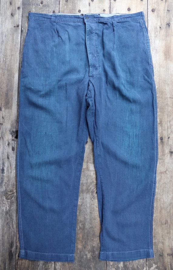 Vintage 1930s 30s 1940s 40s French indigo linen maquignon trousers pants work workwear chore repaired darned 44” x 34”