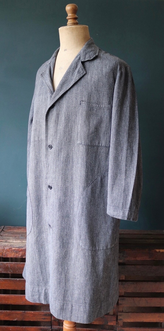 Vintage 1950s 50s 1960s 60s French salt pepper grey work coat jacket overall workwear factory machinist shopkeeper 49” chest