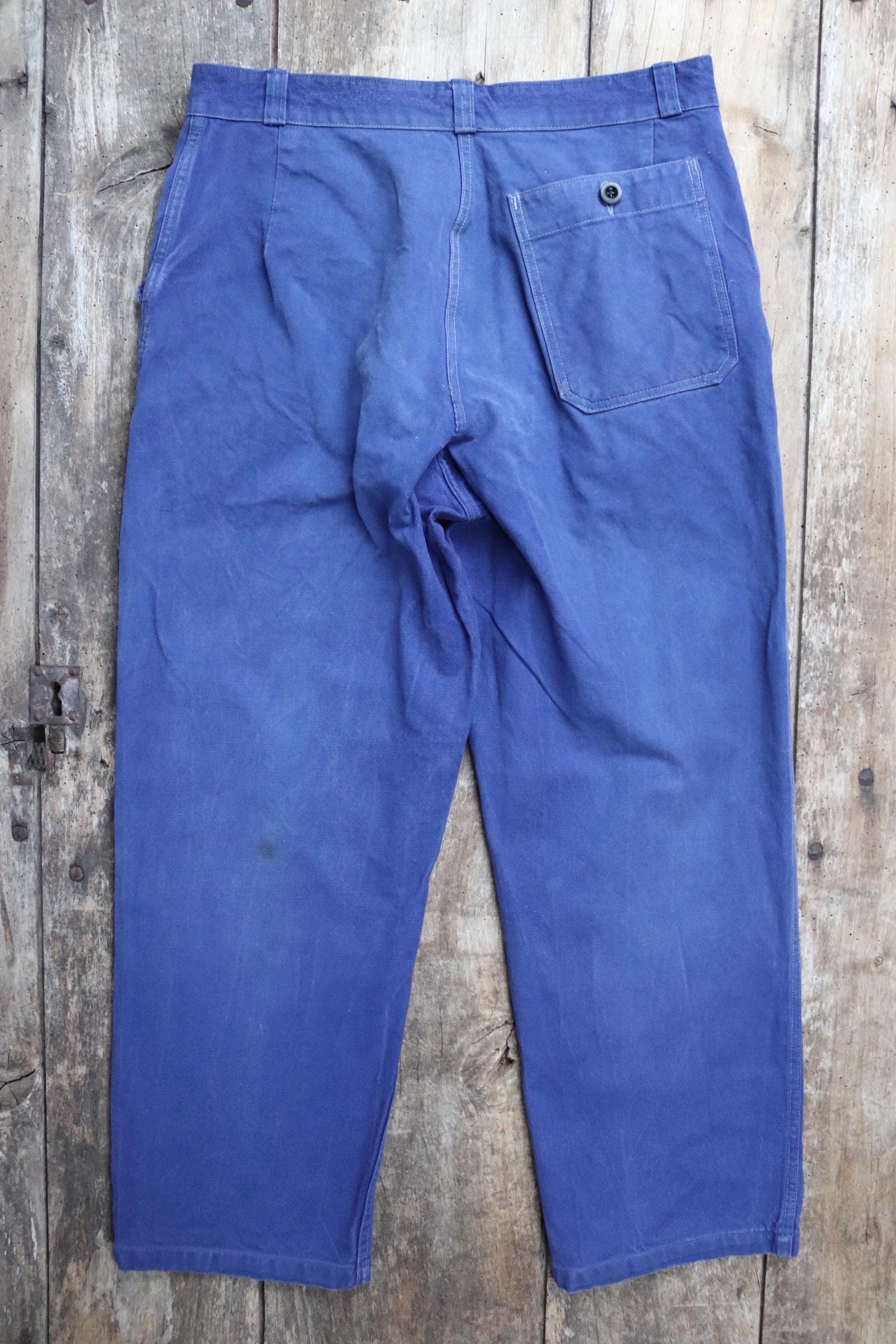 Vintage French Blue Workwear Trousers - 1940s 50s Cotton