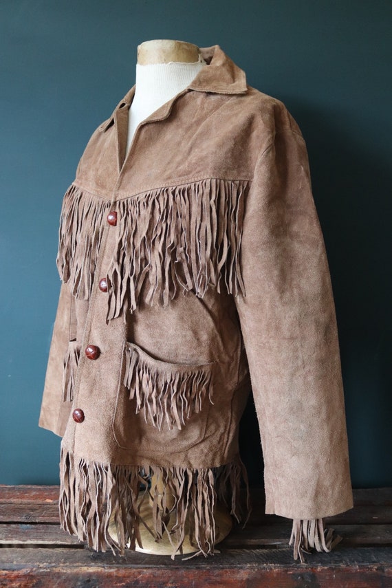 Vintage 1970s 70s tan brown suede tassel jacket western cowboy rancher hippy 44” chest