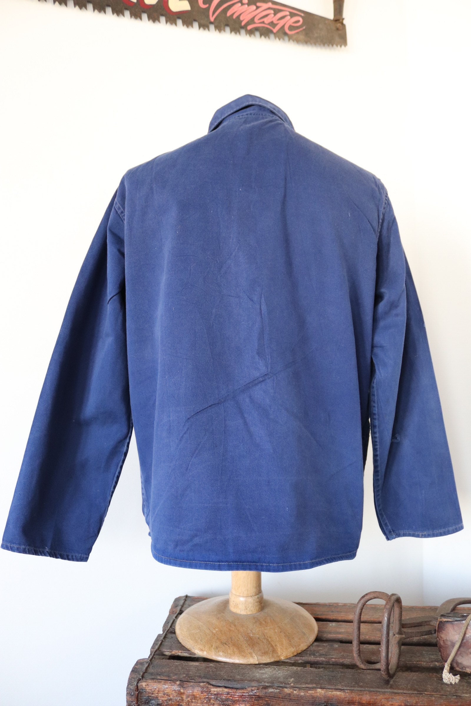 Vintage french indigo blue cotton twill work chore jacket 46 chest workwear