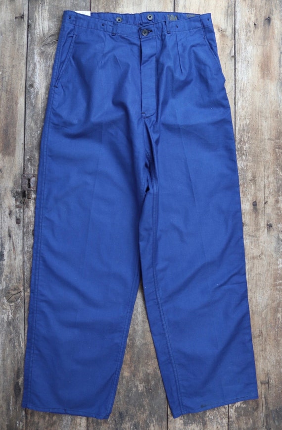 Vintage 1940s 40s WW2 era Swedish military hospital indigo blue cotton twill workwear work chore trousers pants 35” x 34” buckle cinch back