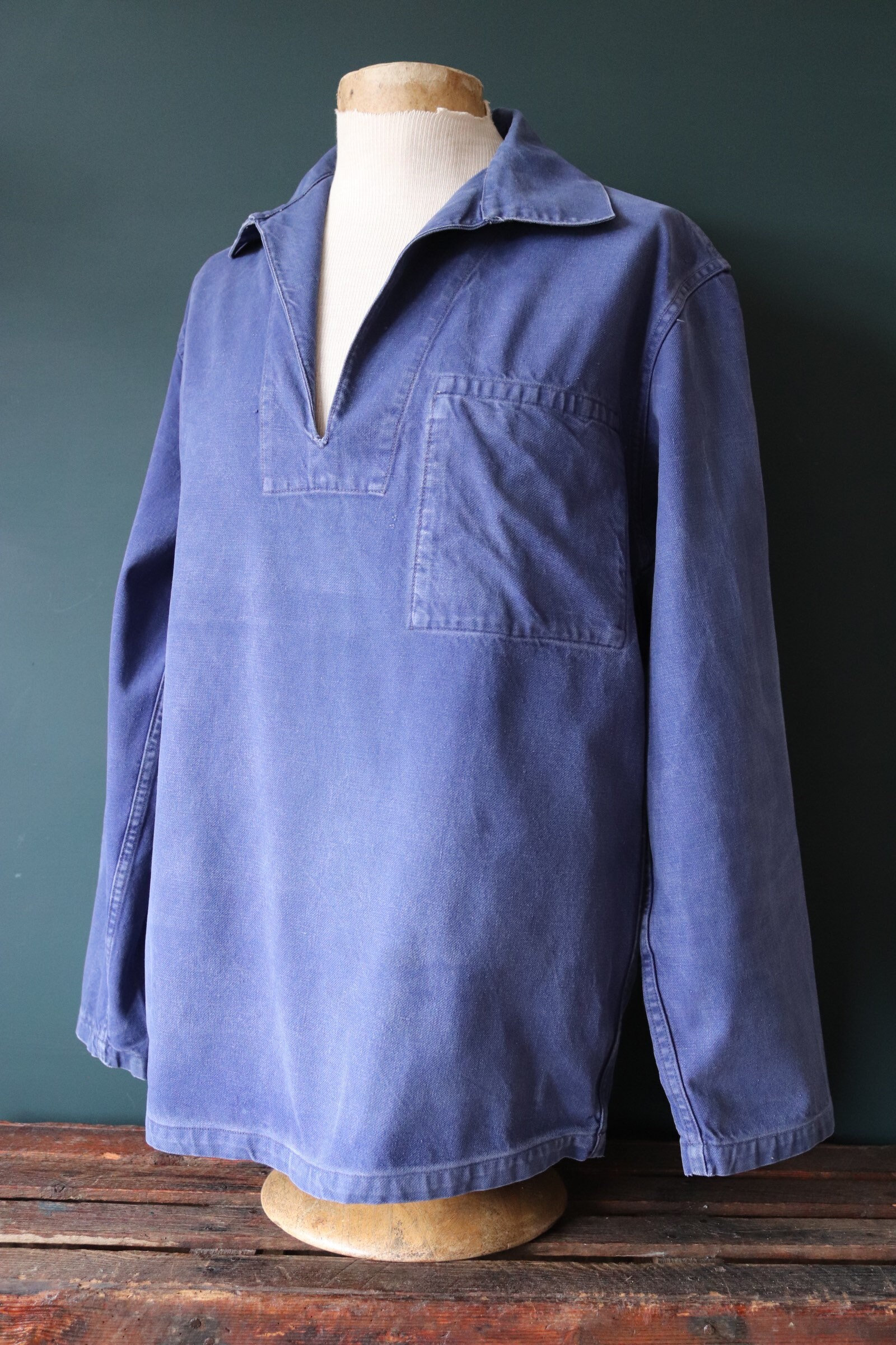 Vintage 1980s 80s French blue work fishing sailing smock pop over