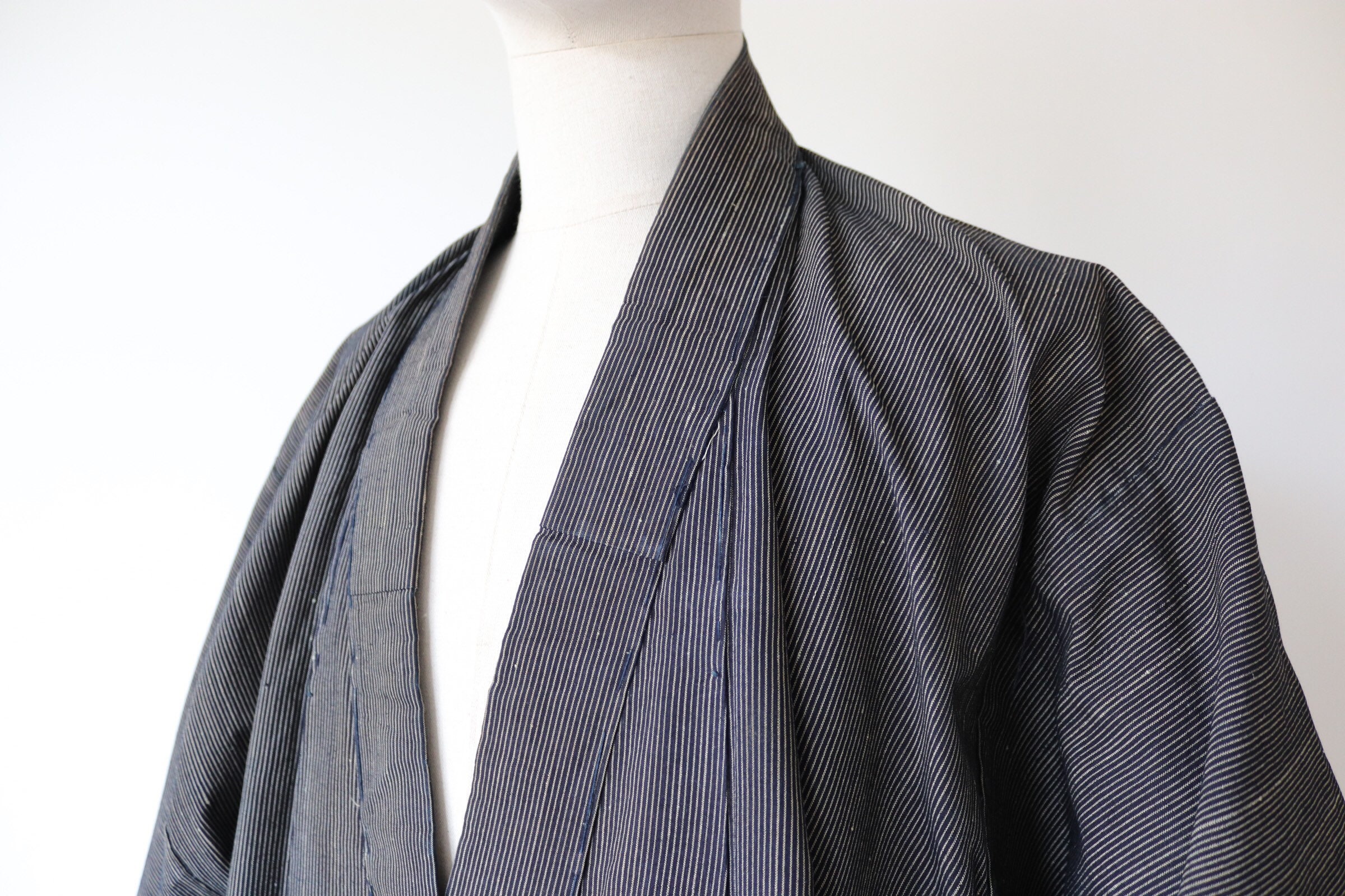 Vintage Japanese mens long kimono indigo kasuri robe dressing gown ...