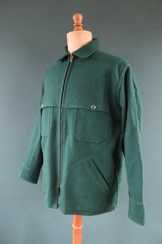 Vintage 1940s 40s 1950s 50s plain green Woolrich 119 wool jacket 48” chest work workwear chore Talon zipper cruiser mackinaw