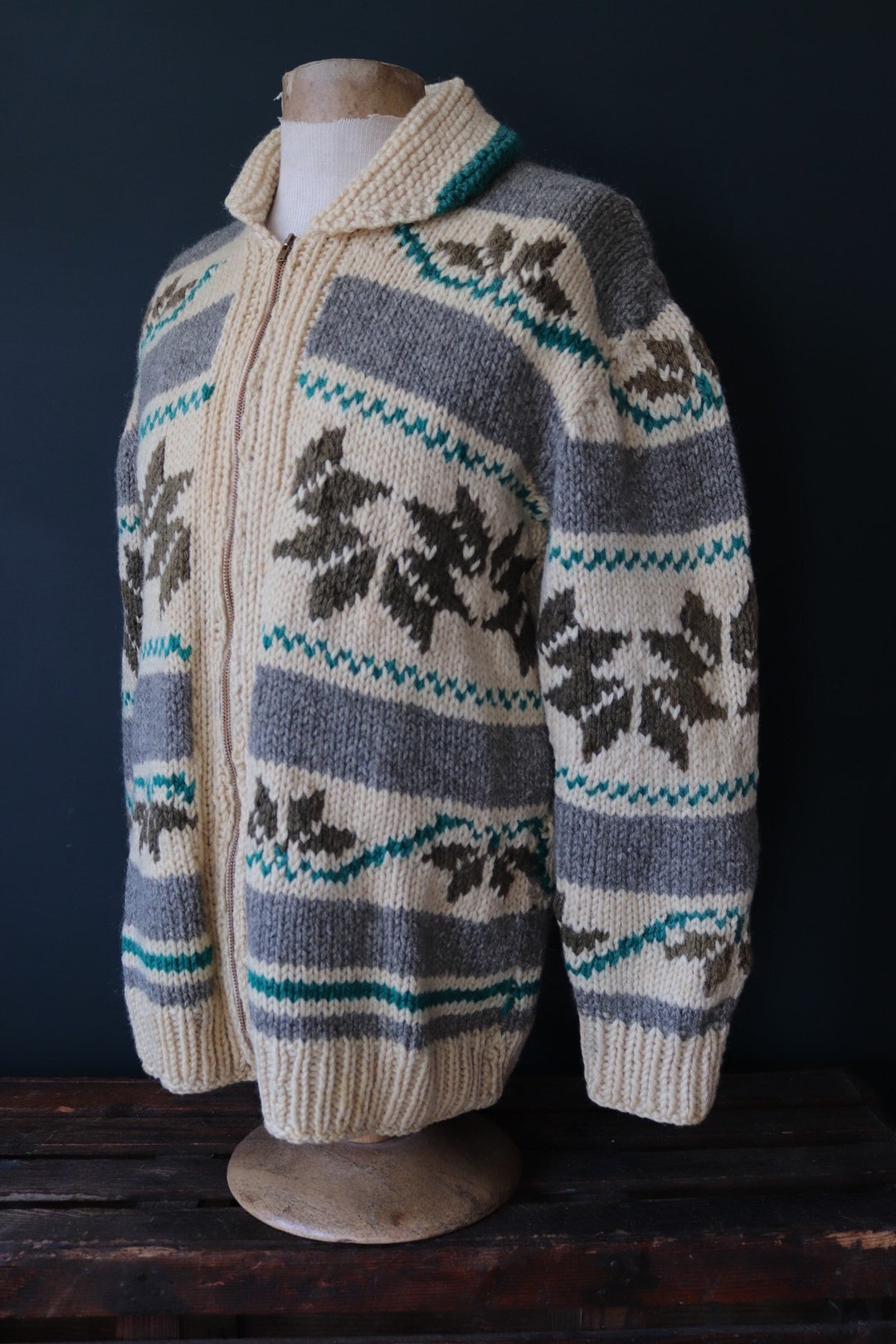 Vintage 1960s Hand Knitted Wool Cowichan Sweater Cardigan Jumper Knit ...