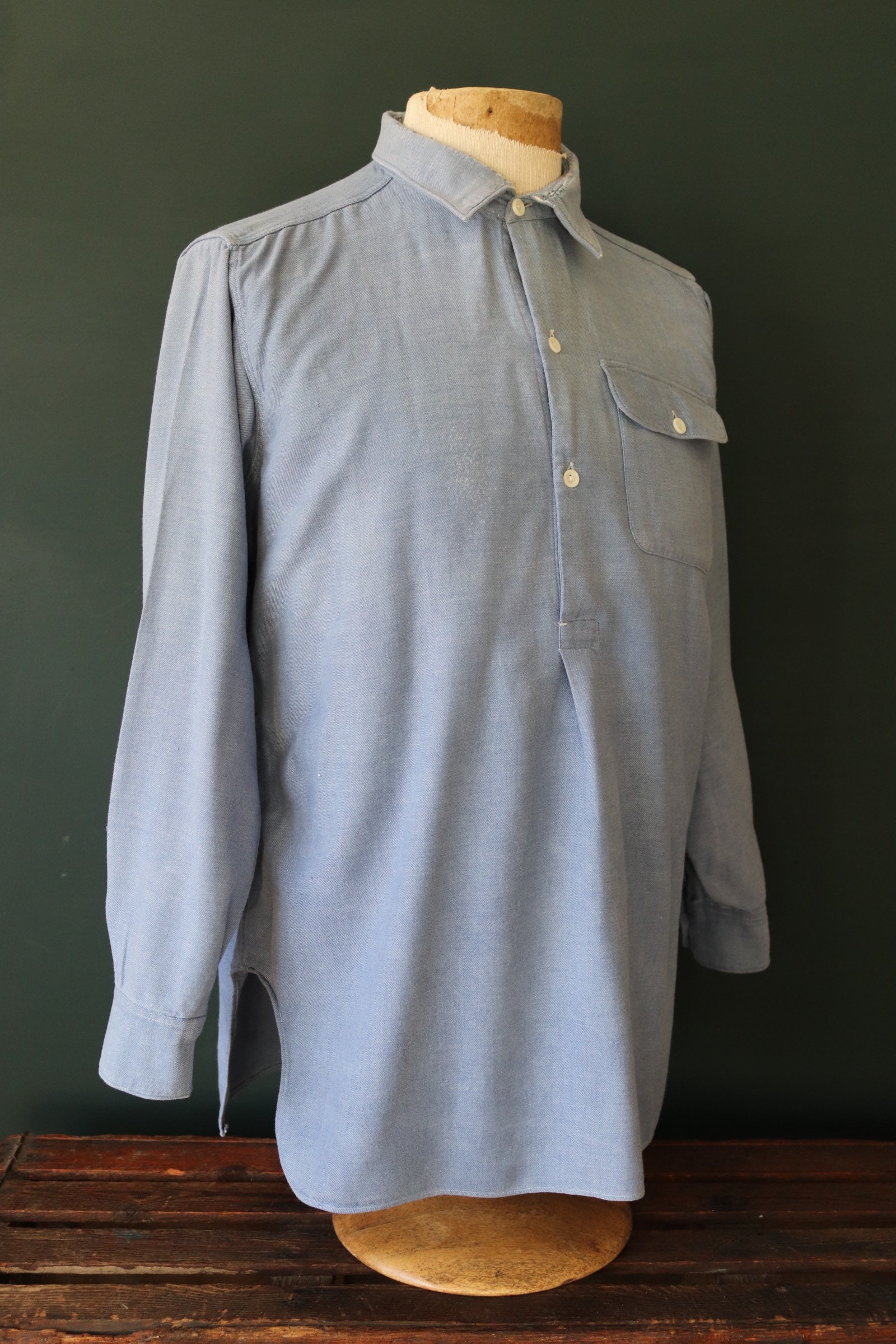 Vintage 1960s 60s 1970s 70s French blue cotton work shirt smock pop ...