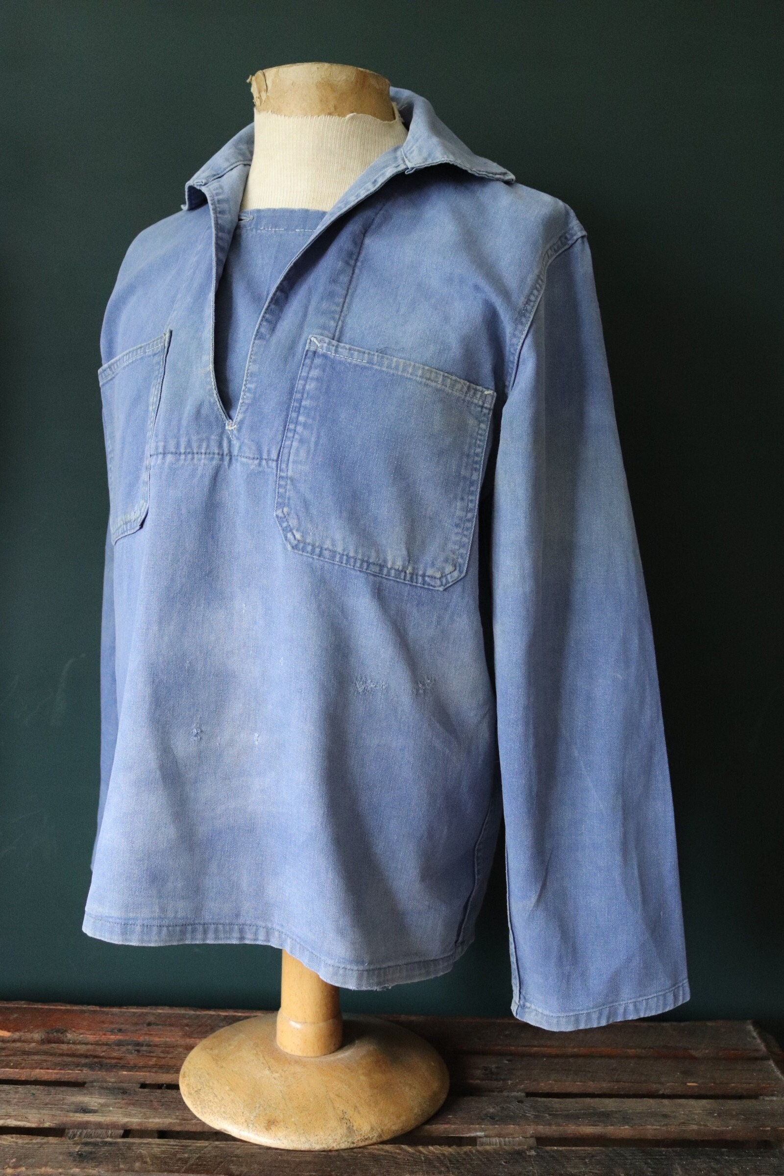 Vintage s s s s French cotton faded smock workwear work chore  ” chest