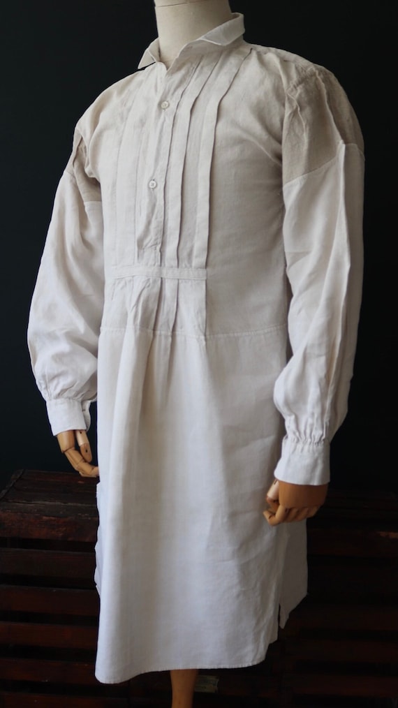 Vintage antique 1900s 1910s 1920s french white linen cotton dress shirt pin tuck pleats size free 41” chest work workwear chore