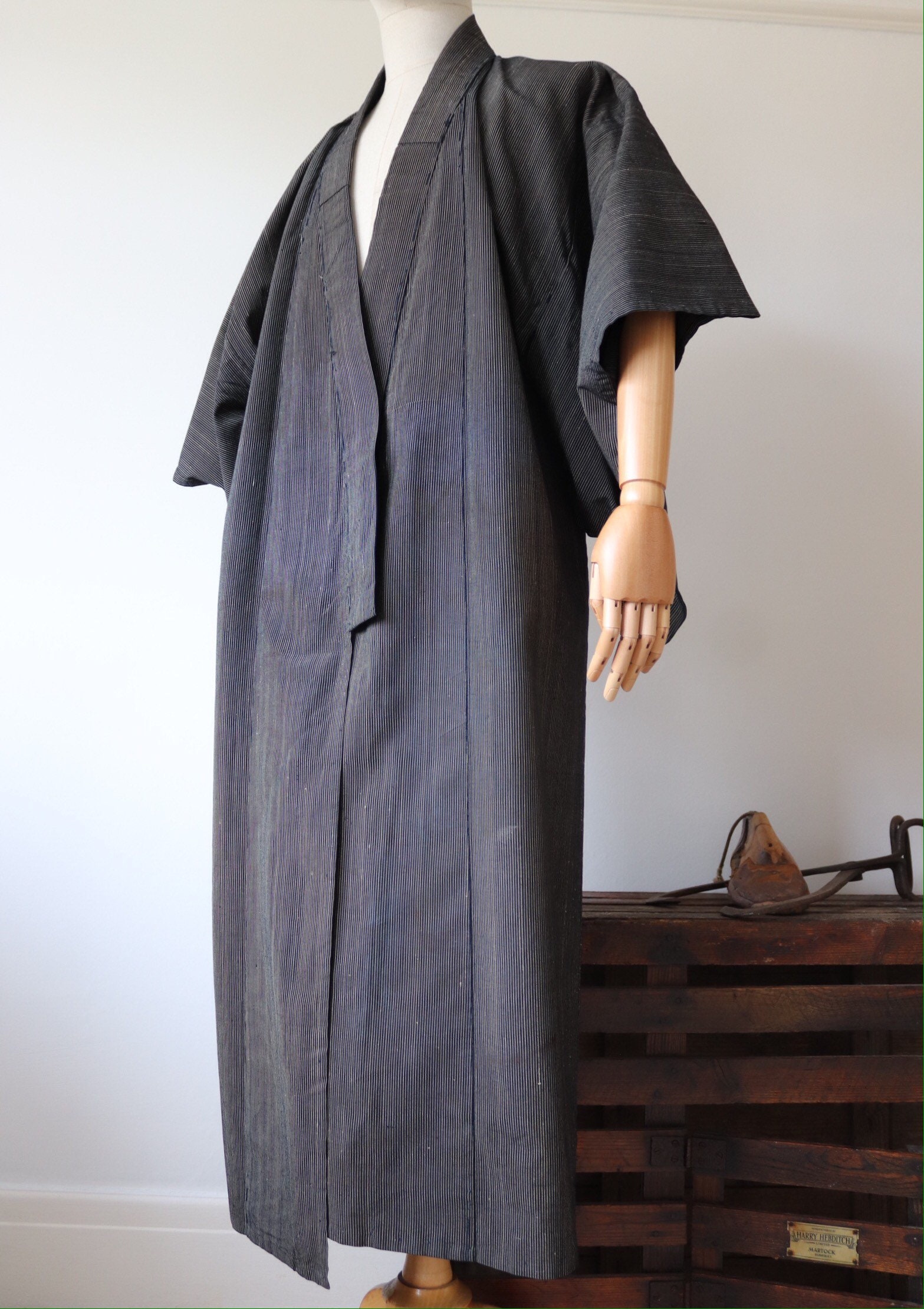 Vintage Japanese mens long kimono indigo kasuri robe dressing gown ...