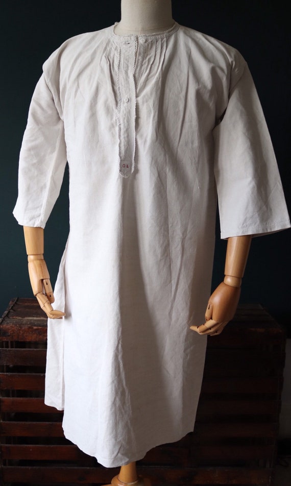 Vintage antique french white linen nightgown night shirt pin tuck pleats size free 43” chest indigo dye project