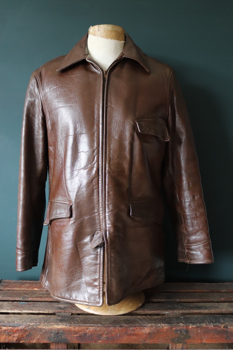 Vintage 1950s 50s Gertz brown horsehide pony hide leather car coat jacket Talon sports 42 chest half belt image 5