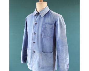 Vintage French Workwear Jacket - 1940s Blue Cotton Twill Chore