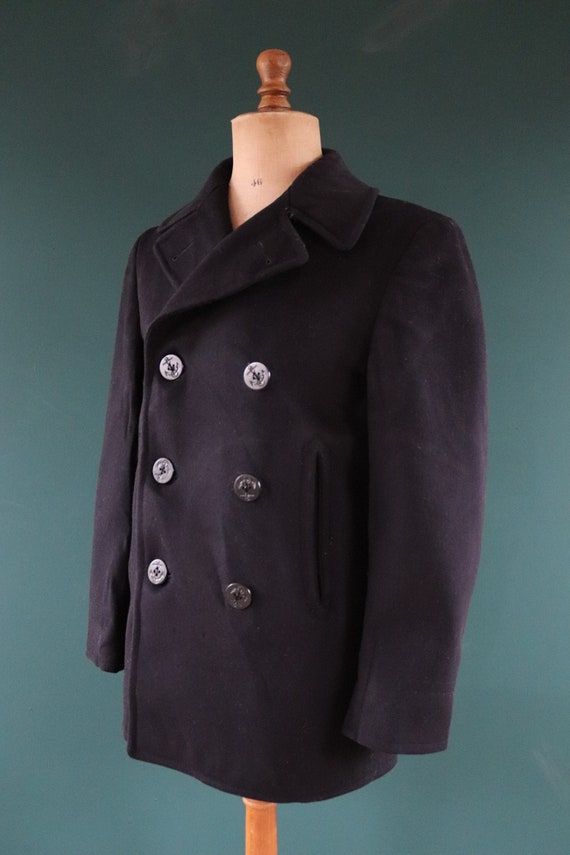 Vintage 1940s 40s WW2 midnight blue USN US navy naval wool pea deck coat jacket 40" chest military double breasted reefer