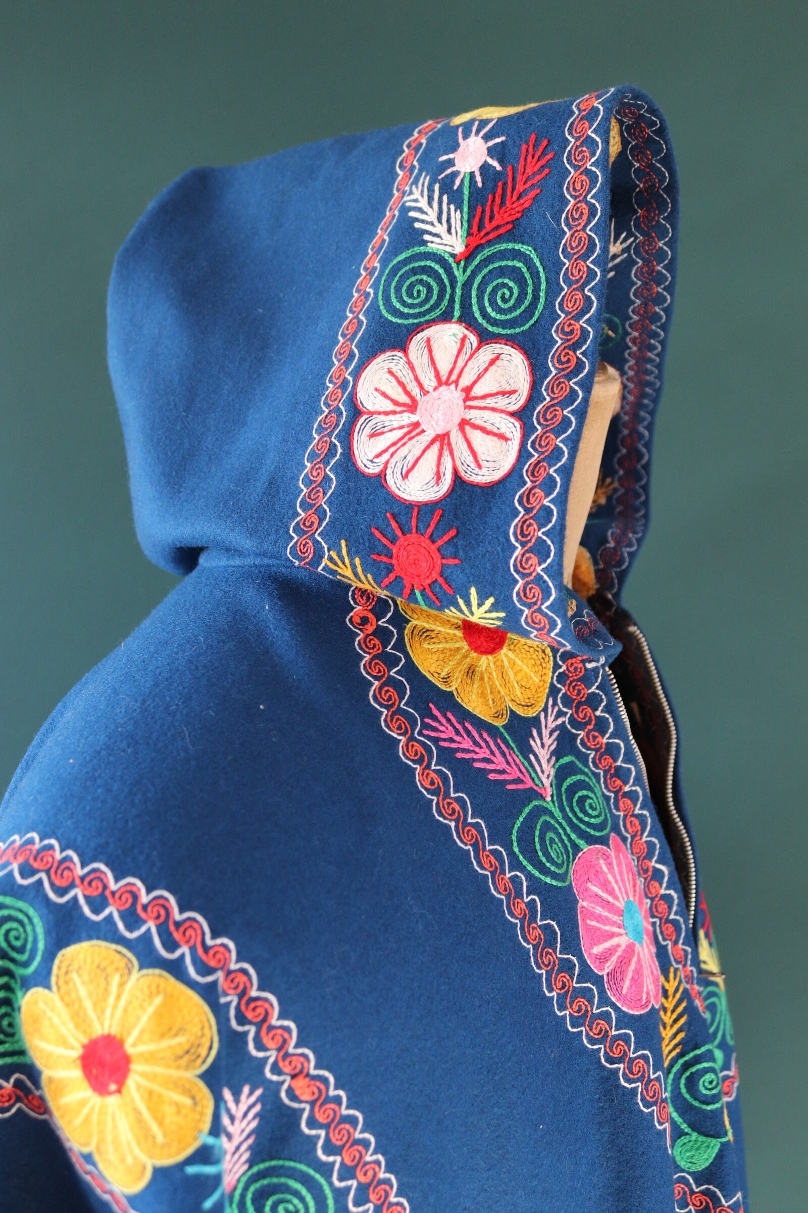 Vintage 1960s Embroidered Hippy Poncho - Hooded Cape - Blue