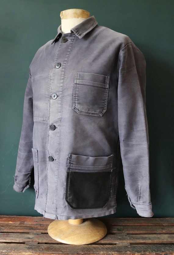 Vintage 1950s 50s French black grey moleskin work jacket chore workwear faded repaired darned patched 43” chest