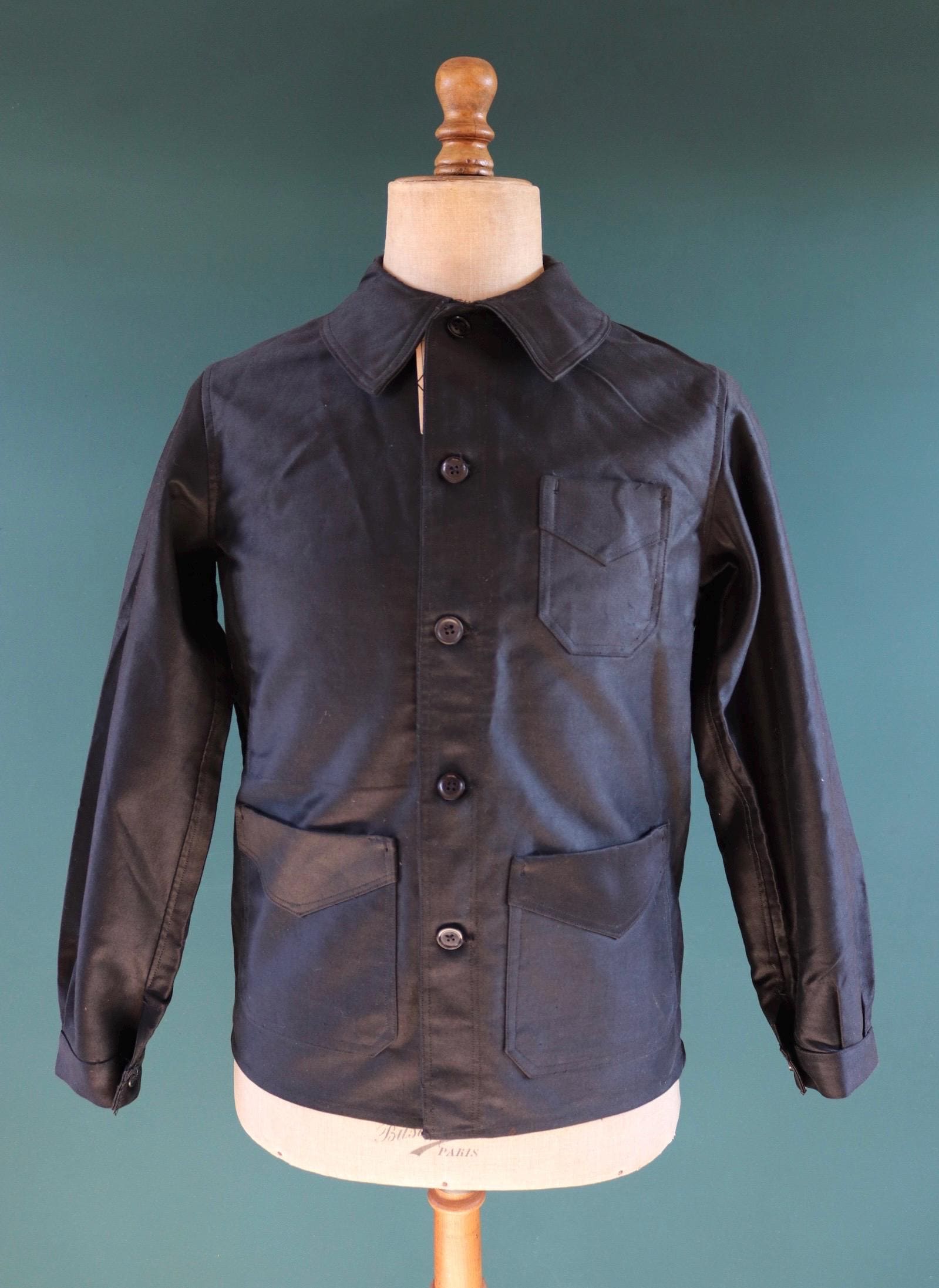 Vintage Black Moleskin Workwear Jacket - French 1940s Chore Coat 