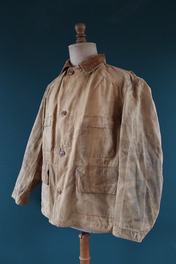 Vintage 1930s 30s 1940s 40s Drybak American tan brown duck cotton canvas hunting shooting utility jacket 52” chest work workwear chore