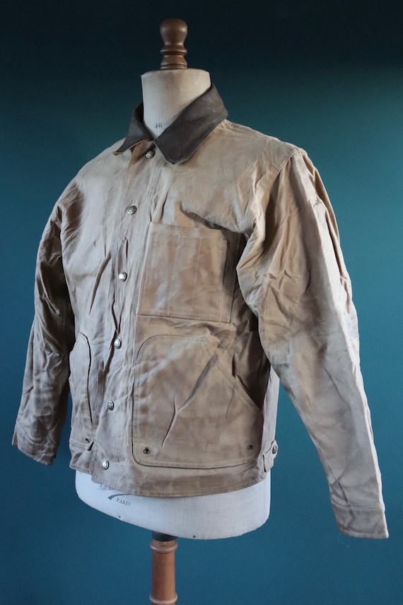 Vintage CC Filson tin cloth paraffin waxed cruiser trucker jacket 47” chest workwear work chore waterproof hunting