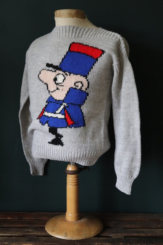 Vintage 1990s 90s grey marl blue red novelty Sergeant Deux Deux knit hand knitted jumper sweater boat neck 37" chest unisex Pink Panther