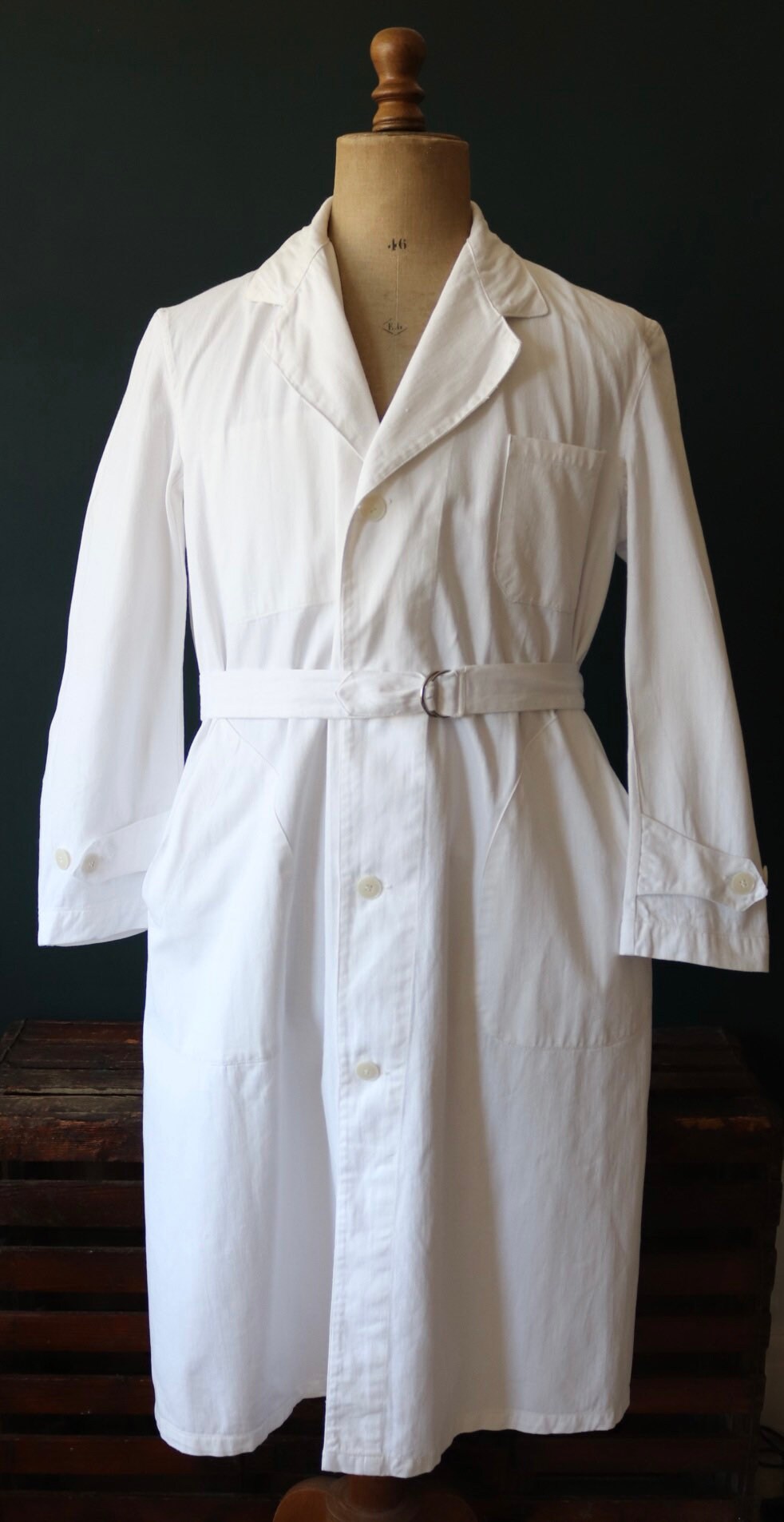 Vintage 1950s 50s 1960s 60s French white cotton twill belted work coat ...