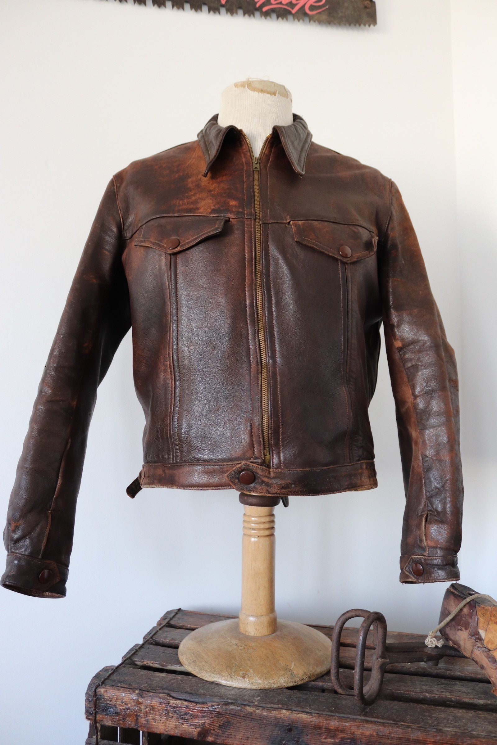 RESERVED Vintage 1940s 40s French brown leather blouson cyclist