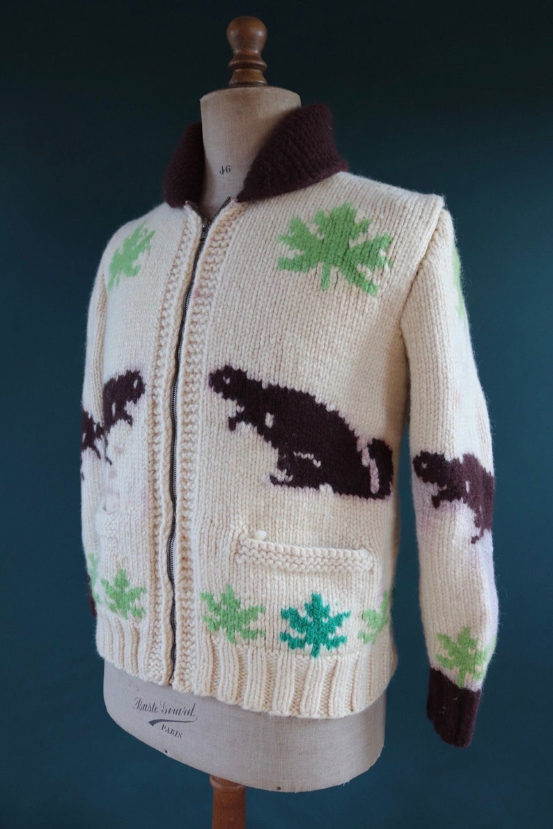 Vintage 1950 50s 1960s 60s knitted wool cowichan sweater cardigan jumper novelty hand made knit beaver shawl collar 42 chest image 1