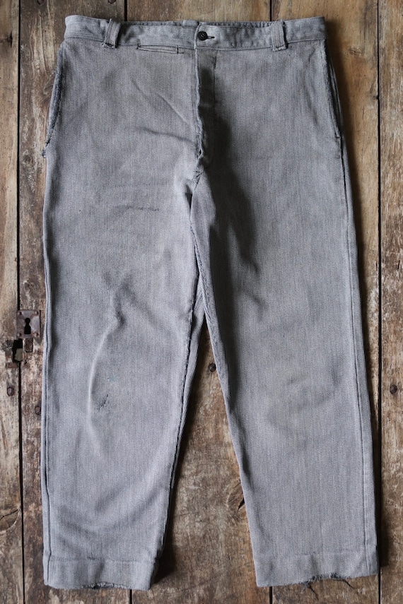 Vintage 1950s 50s French grey coutil pique corduroy briar proof work trousers pants workwear chore 34” x 26”