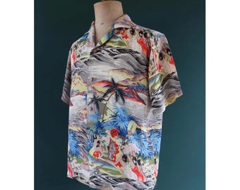 chemise hawaïenne vintage des années 1950 en rayonne - Pali - rare impression Eugene Savage King Kamehameha - poitrine de 46 po.