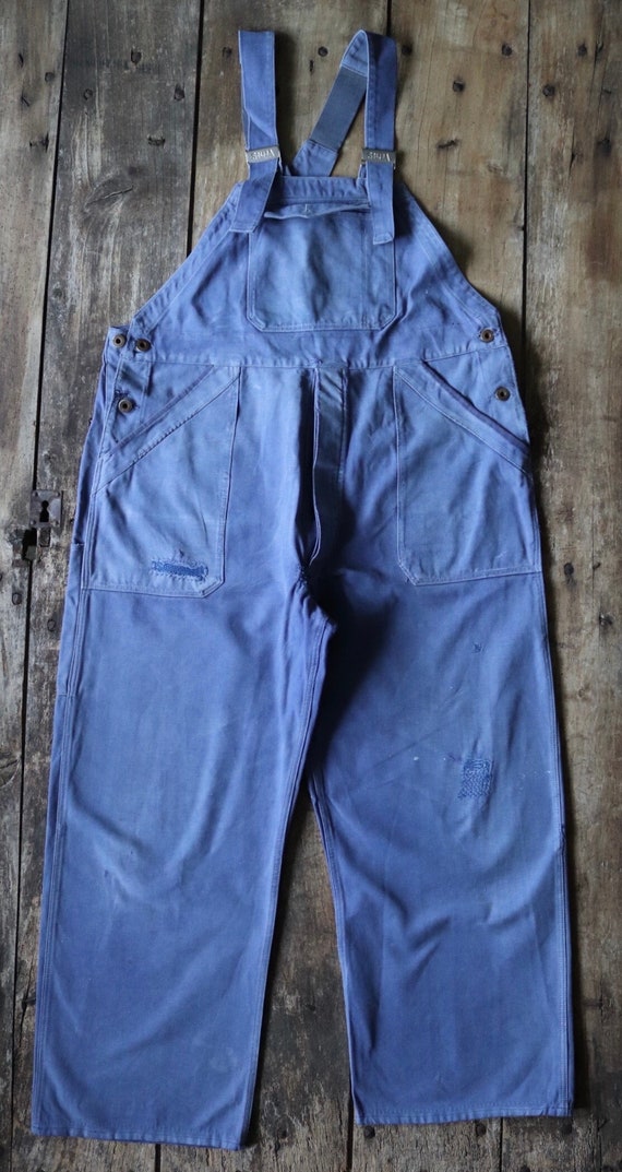 Vintage 1950s 50s Solida French blue cotton twill overalls dungarees work chore workwear 39” x 27” darned repaired