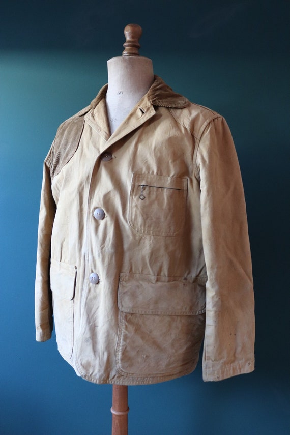 Vintage 1950s 50s American Outfitters tan brown tin cloth cotton canvas hunting jacket 49" chest work workwear chore shooting waterproof