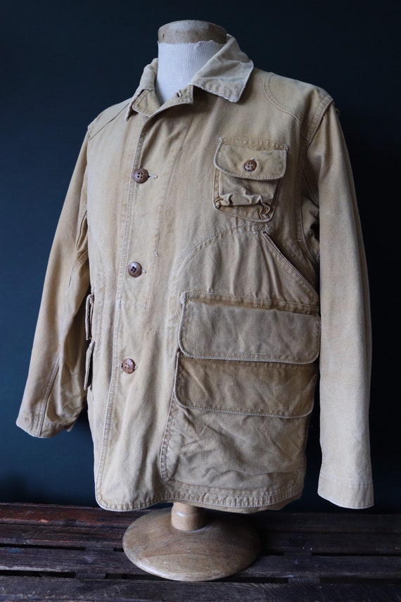 Vintage 1940s 40s tin cloth duck cotton canvas hunting shooting jacket 46” chest Red Head American workwear work chore