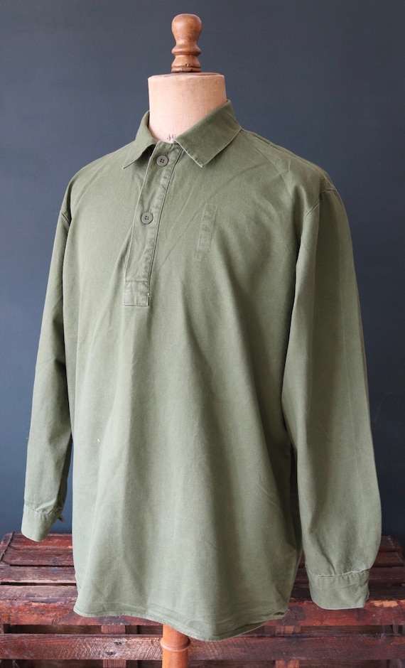 Vintage 1980s 80s Swedish army military fältskjorta green cotton smock shirt pop over work workwear chore 52” chest