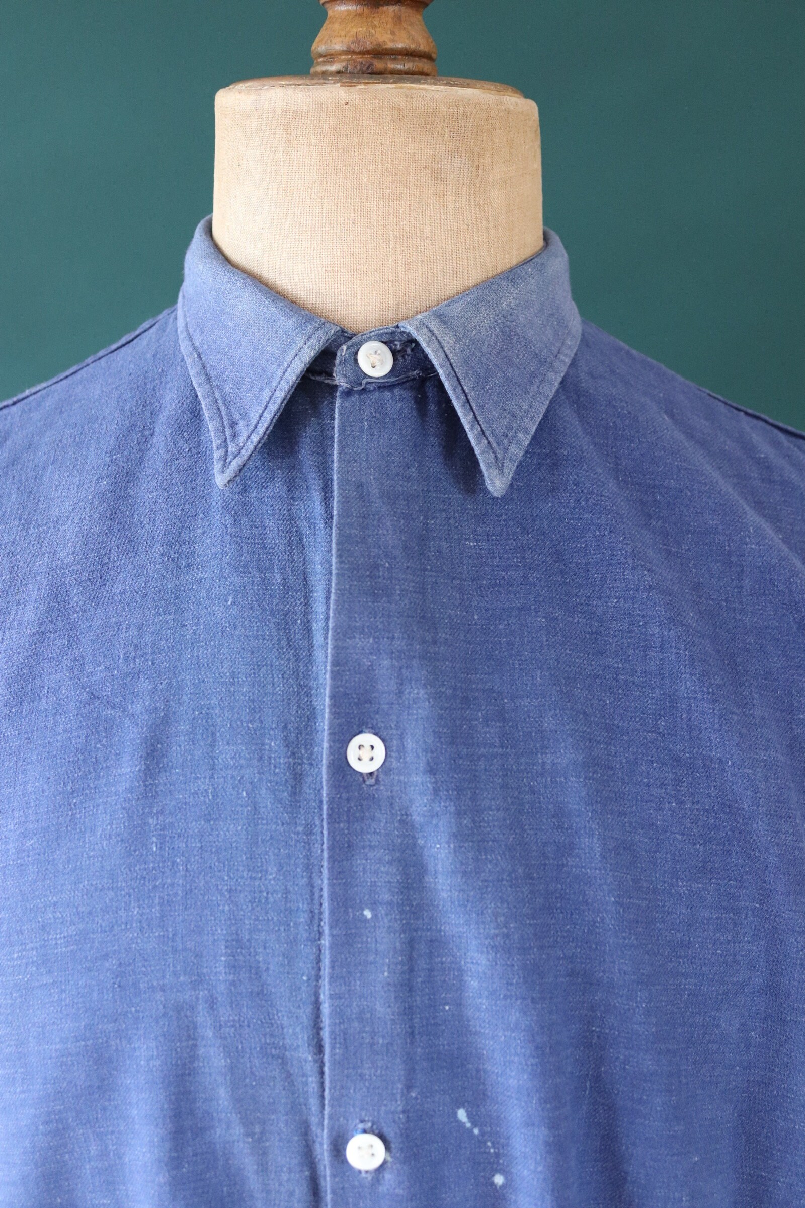 Vintage 1940s 40s 1950s 50s French Indigo Blue Cotton Work Shirt 
