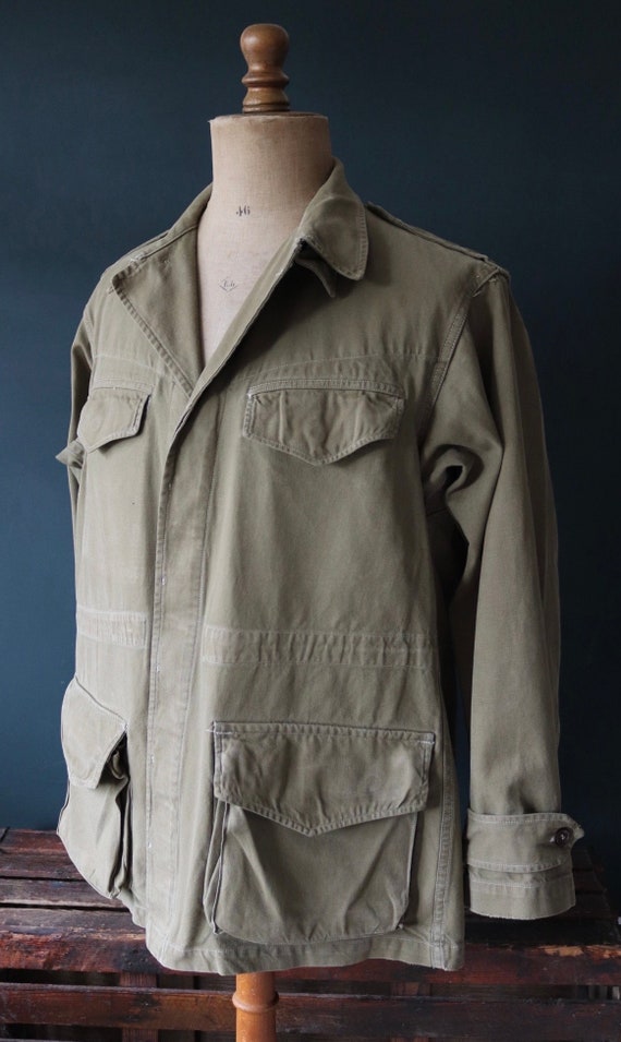 Vintage 1950s 50s French M47 M 47 army field utility jacket military 47” chest khaki green