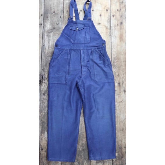 Vintage 1950s French workwear overalls - blue moleskin dungarees - 34" x 27"