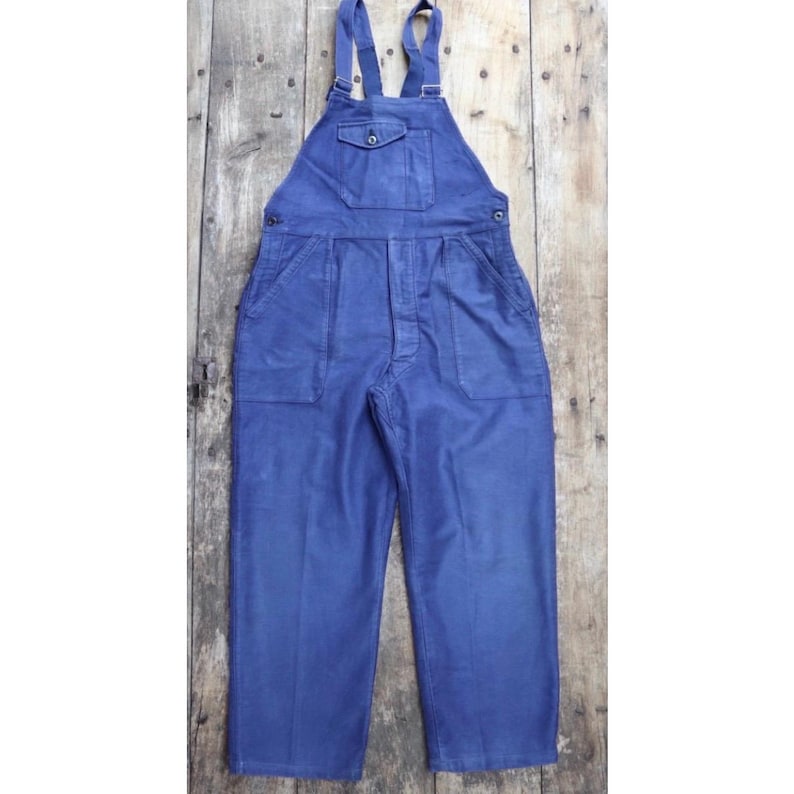 Vintage 1950s French workwear overalls - blue moleskin dungarees - 34" x 27" image 1